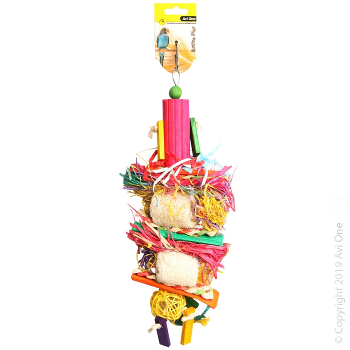 Avi One Bird Toy Loofa With Rattan Ball Raffia And Wooden Beads 38Cm