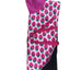 A folded dog fleece blanket with a pink and green strawberry pattern, a purple collar, and a magenta tie strap, laid on top of a cardboard display stand.